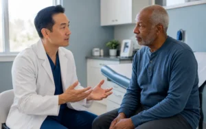 Doctor discussing early circulation testing and limb preservation with a patient