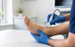 Clinician uses vascular ultrasound to assess blood flow in a patient’s foot and ankle