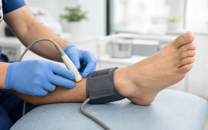 Clinician uses a Doppler probe and ankle cuff to assess blood flow in a patient’s foot