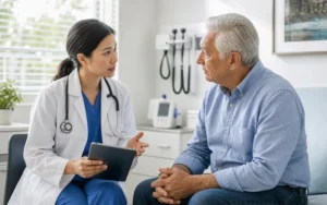 Doctor discussing warning signs of a nonhealing foot ulcer with an older patient