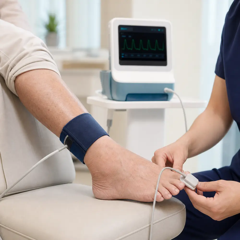 Vascular technologist performing an ankle and toe circulation test on a patient’s foot