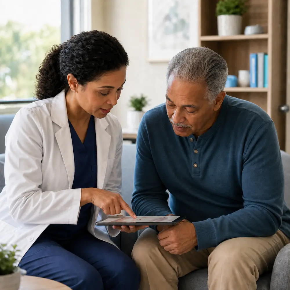 Vascular clinician showing an older patient a foot and leg circulation diagram on a tablet