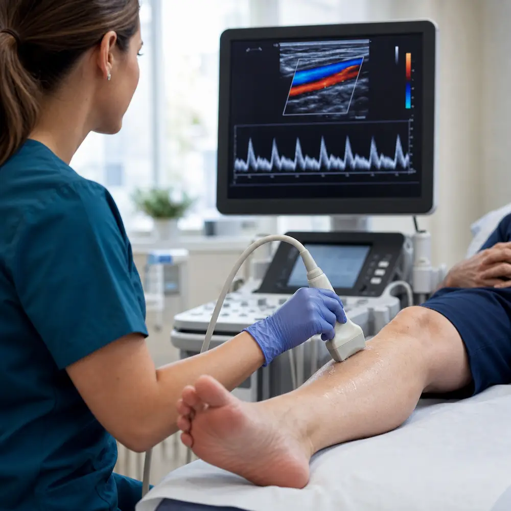 Vascular sonographer using duplex ultrasound to evaluate arterial blood flow in a patient’s lower leg