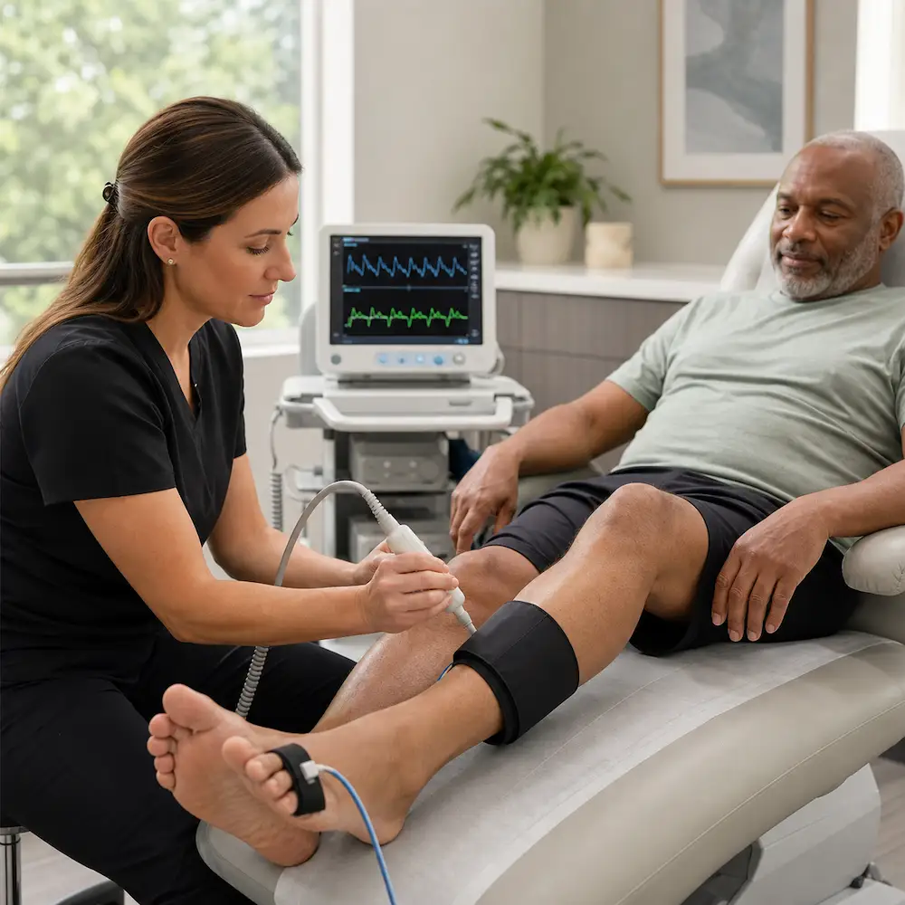 Vascular technologist performing ankle and toe pressure testing during a circulation evaluation
