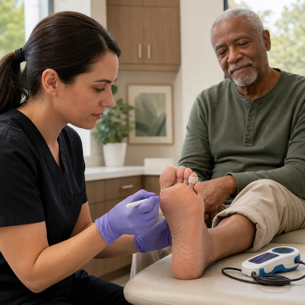 Clinician testing sensation in a diabetic patient’s foot with a monofilament