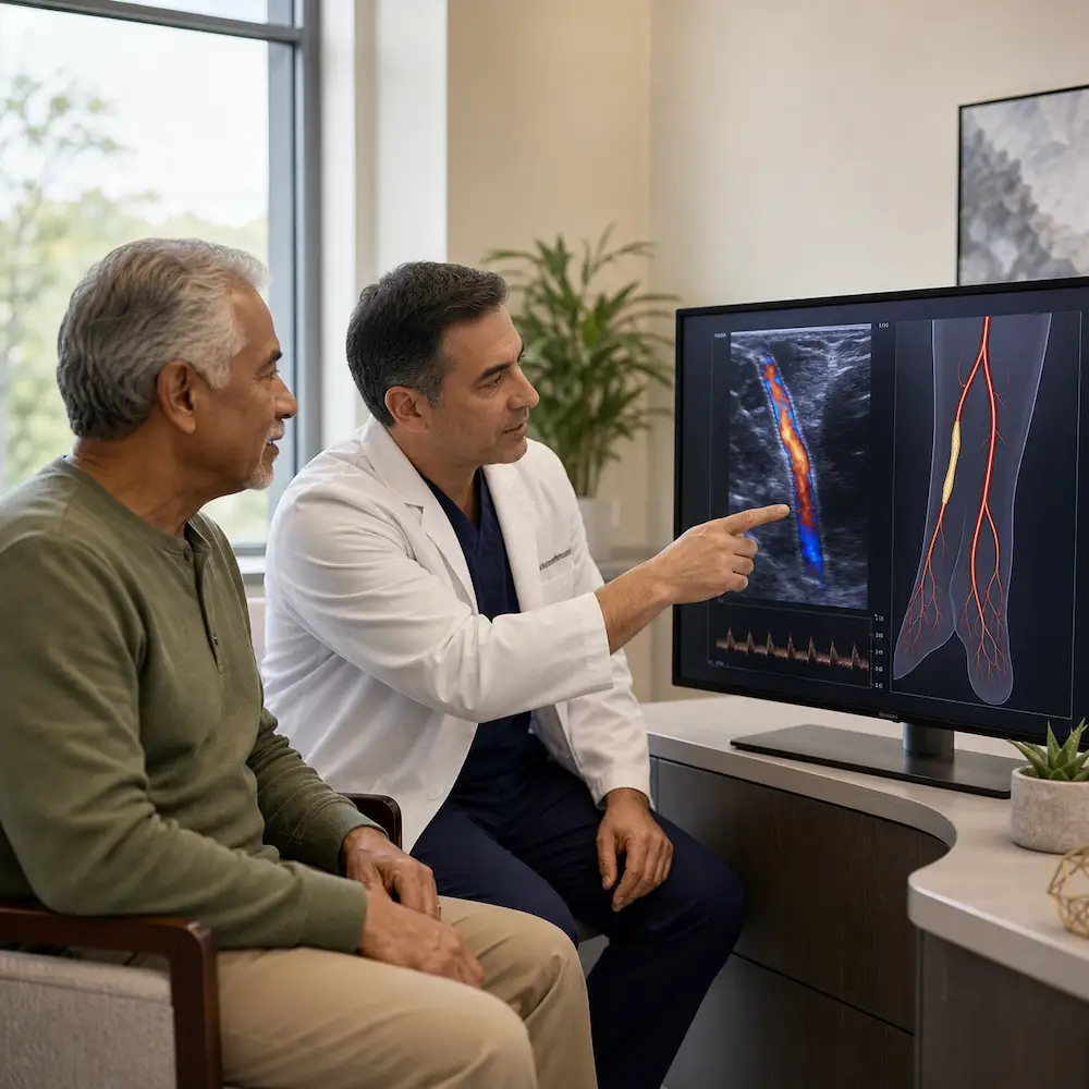 Vascular specialist reviewing leg artery circulation results with a patient