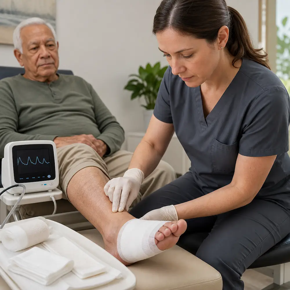 Clinician assessing circulation in a patient’s bandaged foot wound