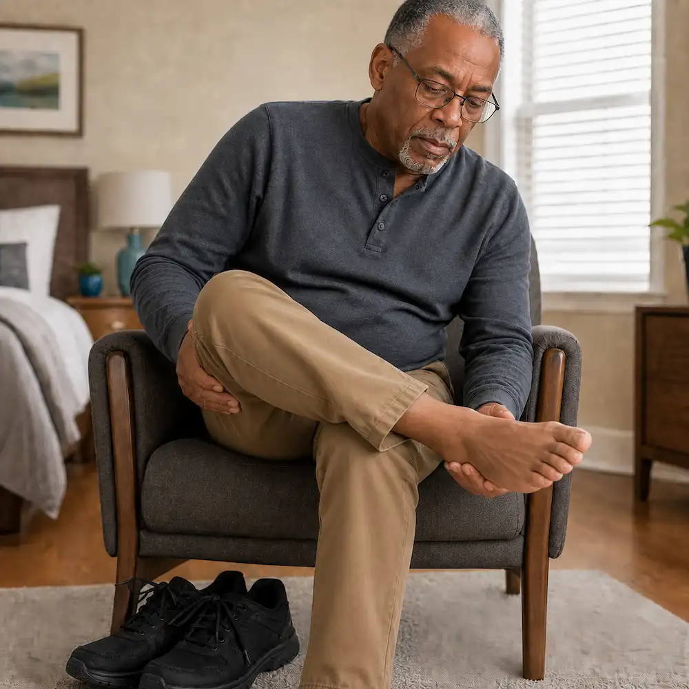 Older man inspecting his foot for signs of injury caused by diabetic neuropathy