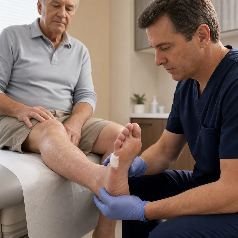 Clinician examining an older patient’s foot for signs of poor circulation