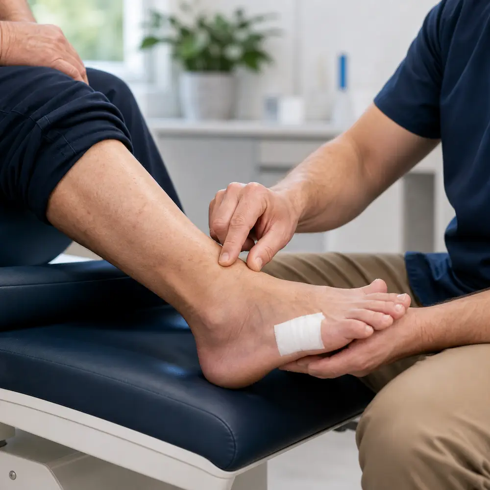 Clinician checking circulation in a patient’s foot near a clean wound dressing